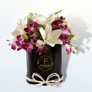 Box of Splendor: Purple Orchids and White Lilies