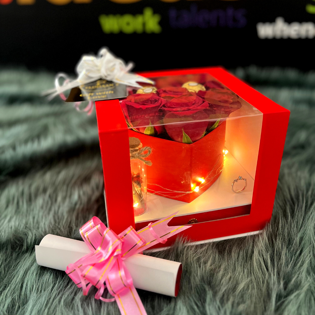 Red Rose Transparent Heart Shape Gift Box With Sliver Plated Ring For Her